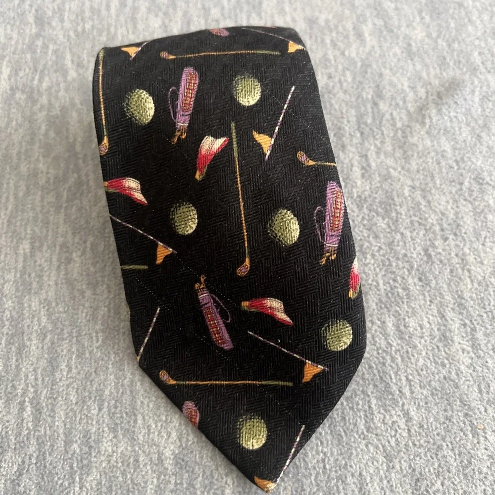 Prima Silk‎ Tie Men's Golf Balls Clubs Flags Fathers Day Black Colorful Career
